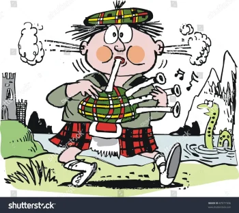 Stock Vector Vector Cartoon Of Scotsman Blowing Bagpipes Beside Lake And Castle 87077306